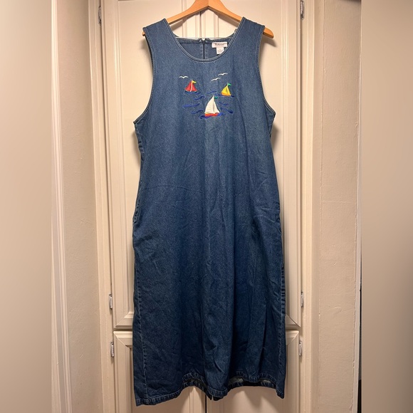 Westbound Dresses & Skirts - Vintage Westbound Maxi Sail Boat Embroidered Blue Denim Sleeveless Dress Size XL